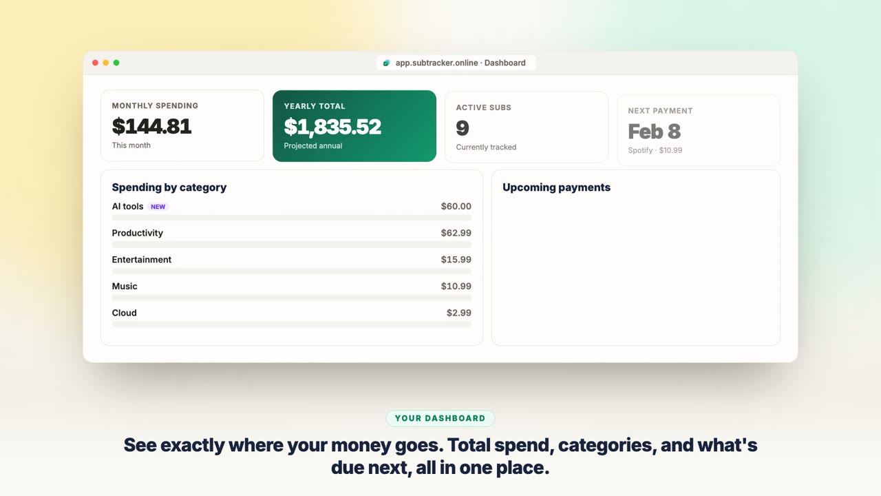 SubTracker dashboard showing monthly spend, category breakdown and AI savings suggestions
